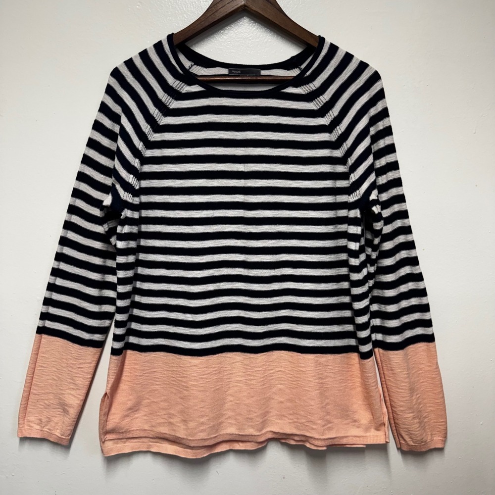 Vince Sweater Navy White Peach Striped Colorblock Nautical Coastal Preppy L